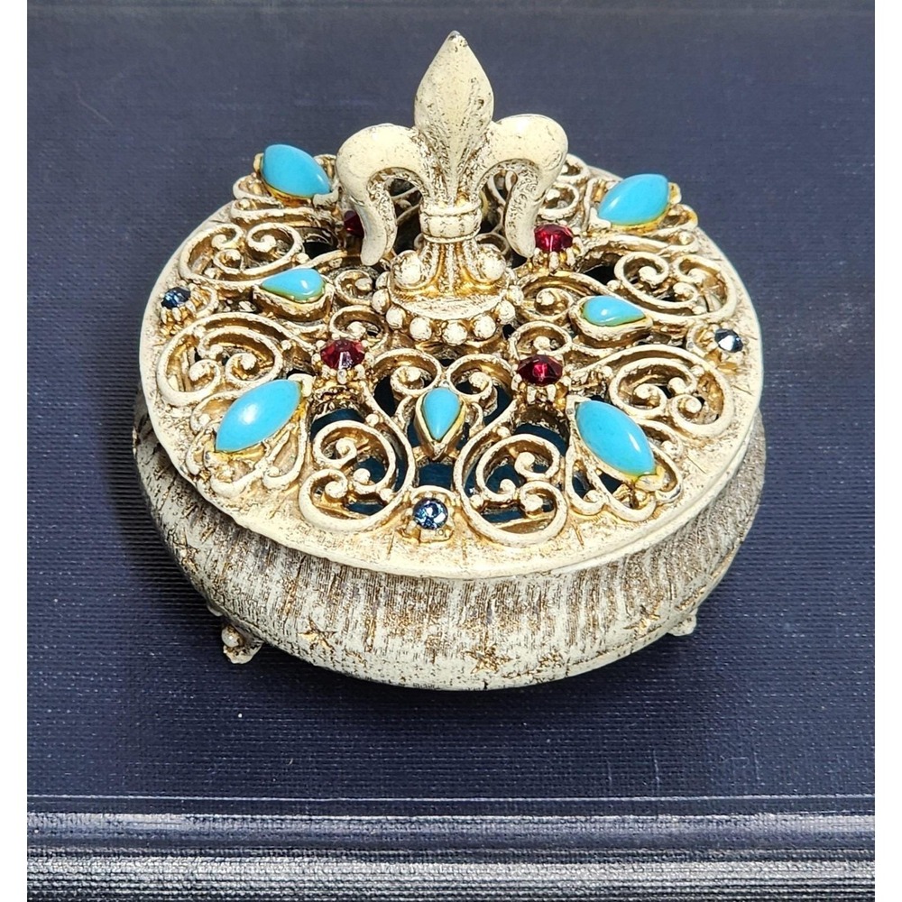 Vintage Florenza Fleur de Lis Trinket Box Jeweled Turquoise Filigree Victorian